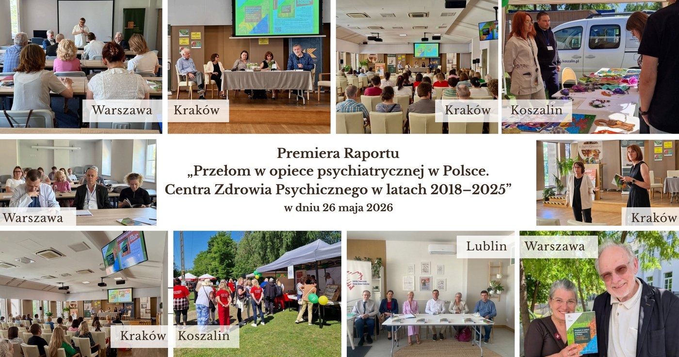 Kolaż zdjęć z premiery raportu w Krakowie, Warszawie, Lublinie i Koszalinie
